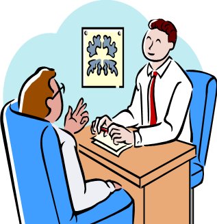 Caricatura de un médico y un paciente sentado en un escritorio hablando